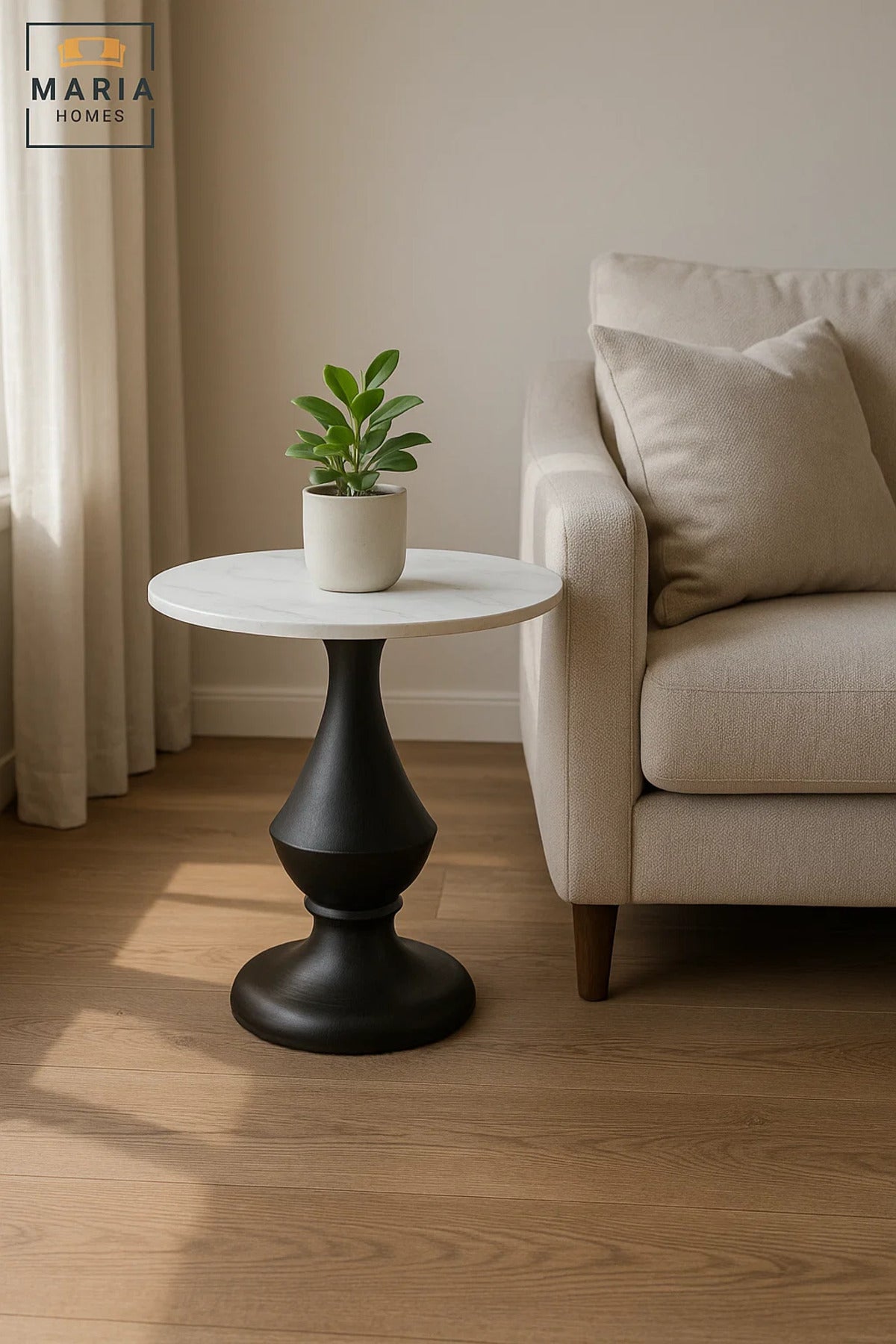Ceramic Top Tea Table √ê Black Wood Style Round Side Table 45_45_55 cm