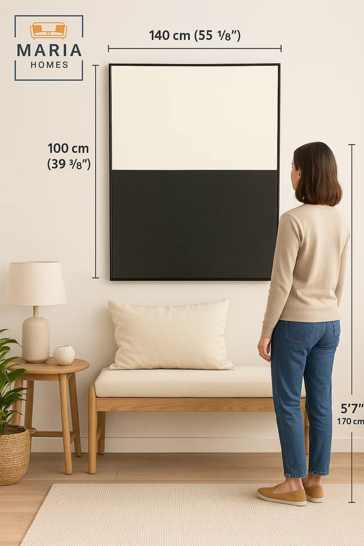 Framed Minimalist Wall Art Ð Half Black & Half White Textured Abstract and Size 100*140 cm