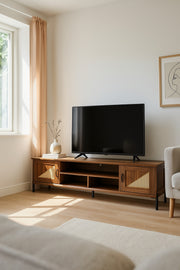 Walnut Wooden TV Stand 180_40_56 cm Ð Modern Rattan Door TV Unit with Open Shelves and Black