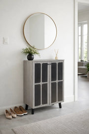 Stylish Grey Wooden Shoe Cabinet 2-Door Entryway Organizer with Mesh Design & Sturdy Legs Storage