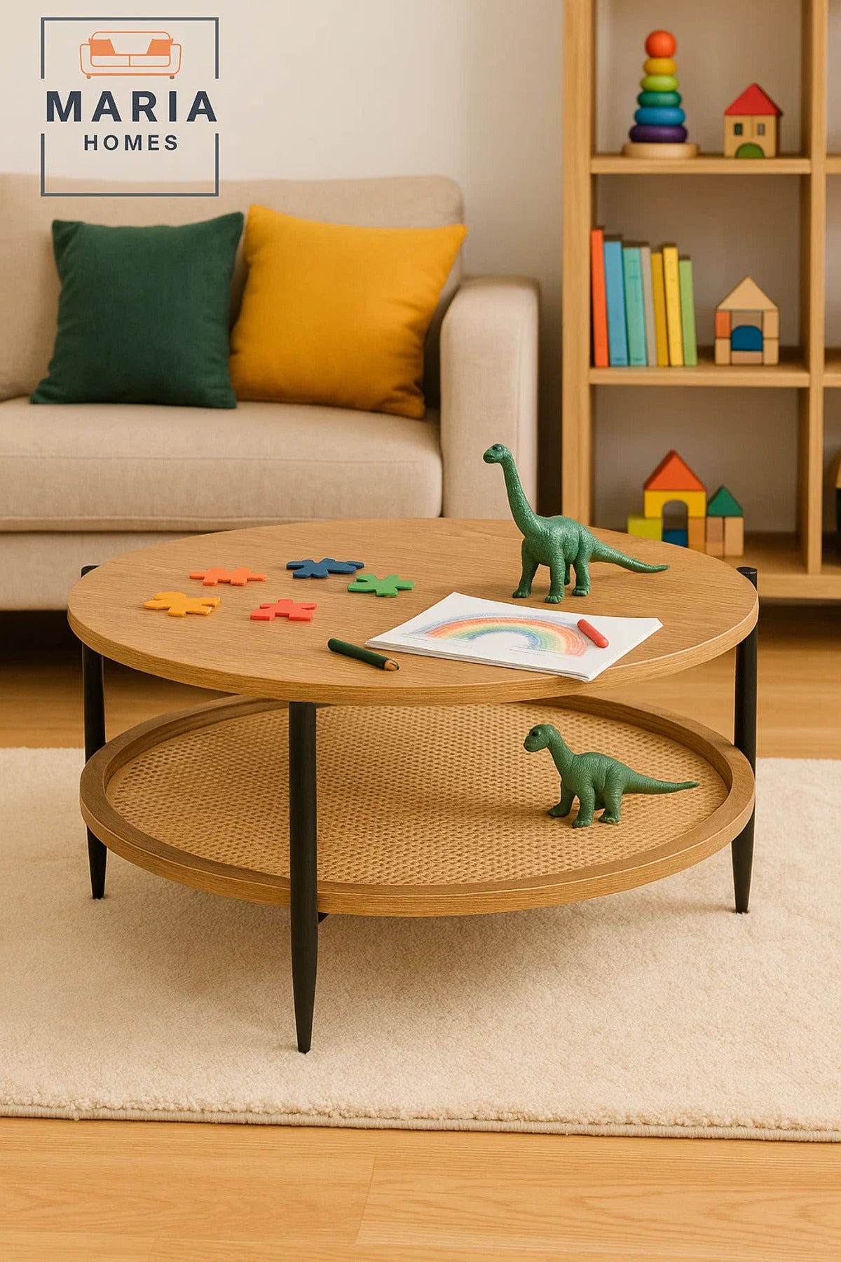 Wood grain coffee table with round rattan storage shelf