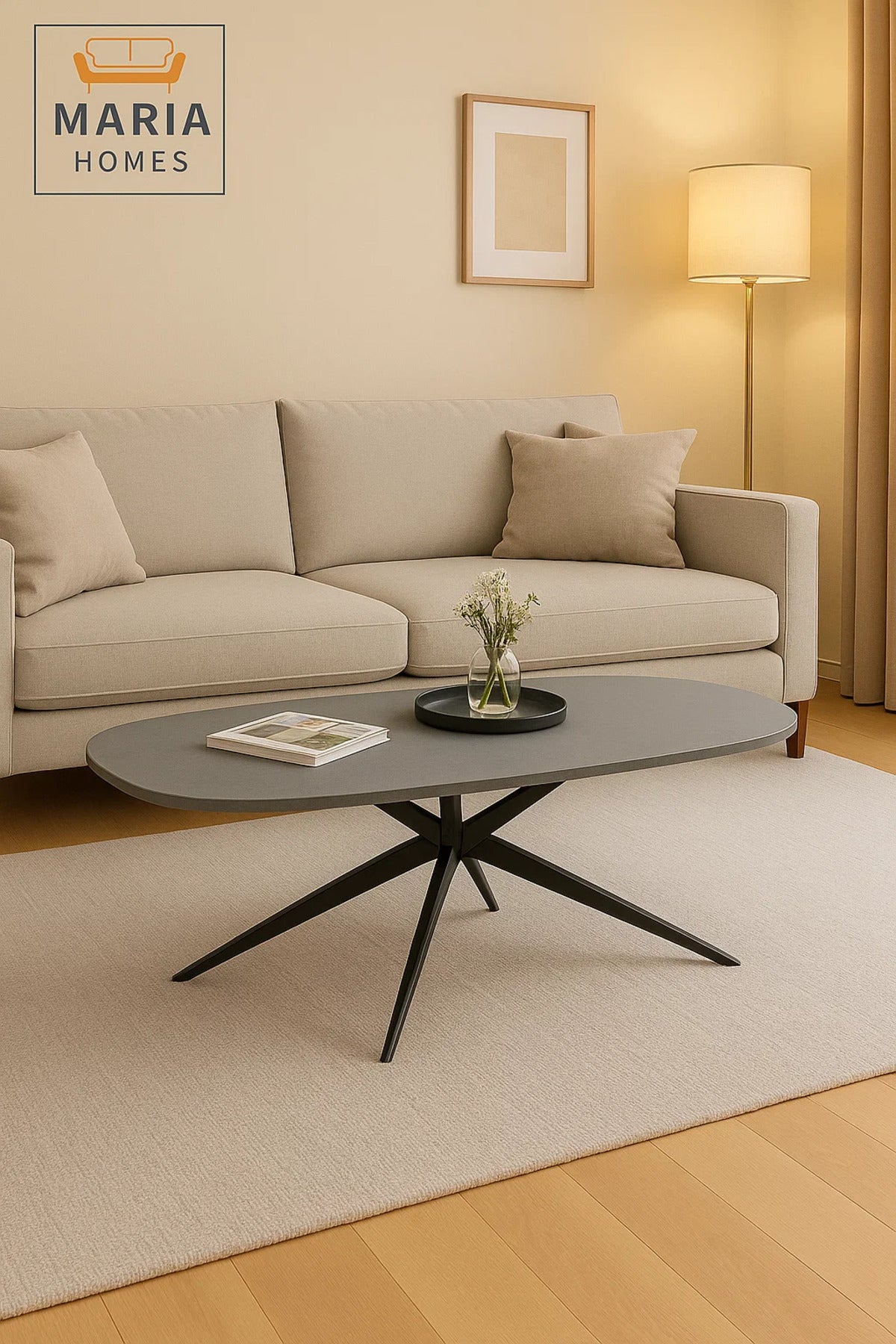 Center Table 130x70x45cm Ð Grey Stone Finish with Sleek Black Metal Legs
