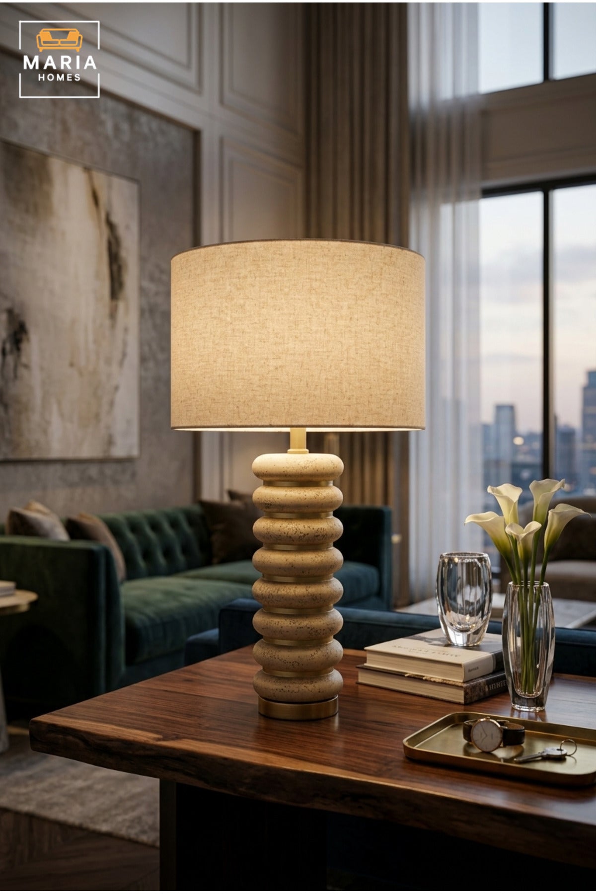 Modern Sculptural Table Lamp with Beige Drum Fabric Shade, Stacked Ring Textured Base and Gold Tone Accents for Bedroom, Living Room, Office and Hotel