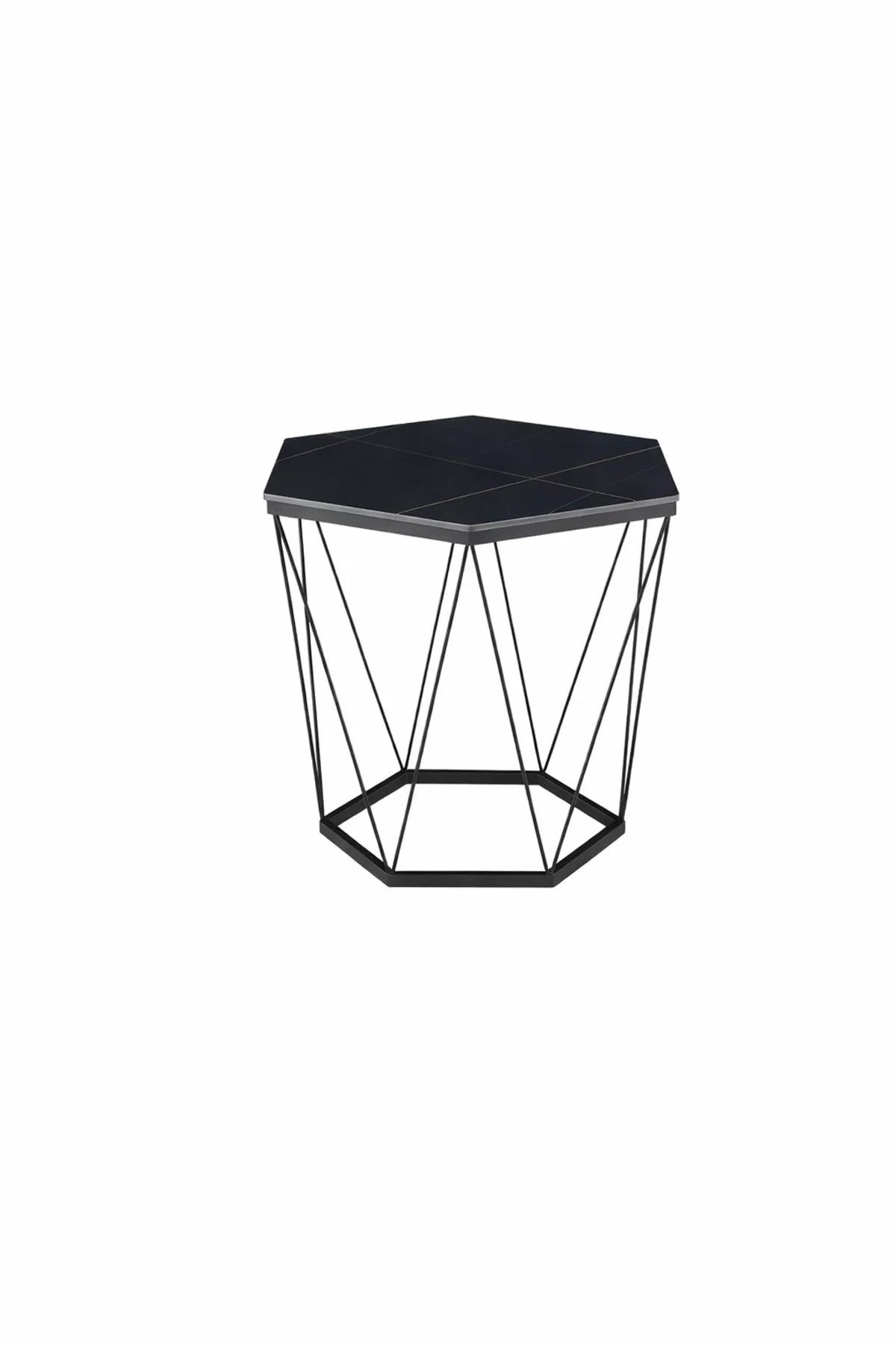 Modern Black Ceramic Top Hexagonal Coffee Table with Geometric Metal Wire Frame Design 60cm