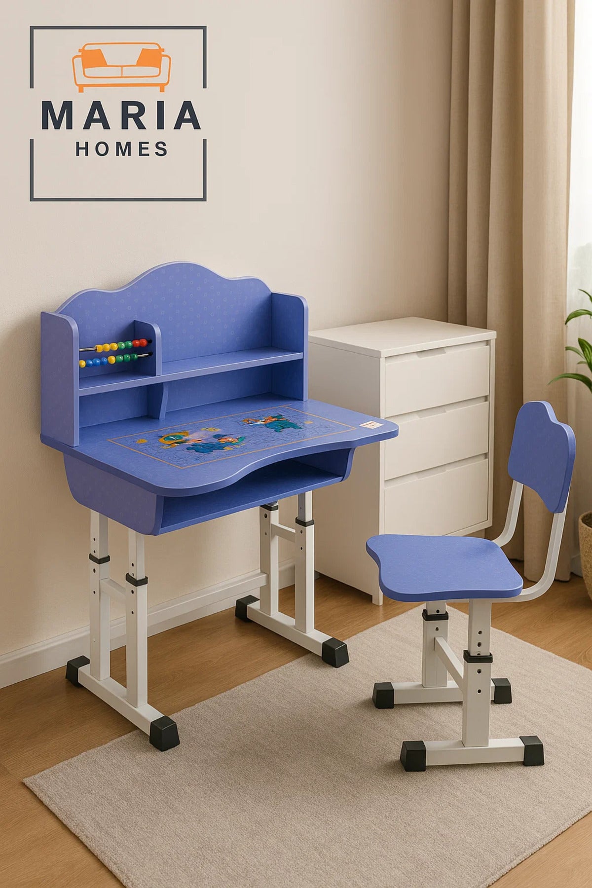 Blue Adjustable Kids Study Desk and Chair Set with Shelf and Abacus