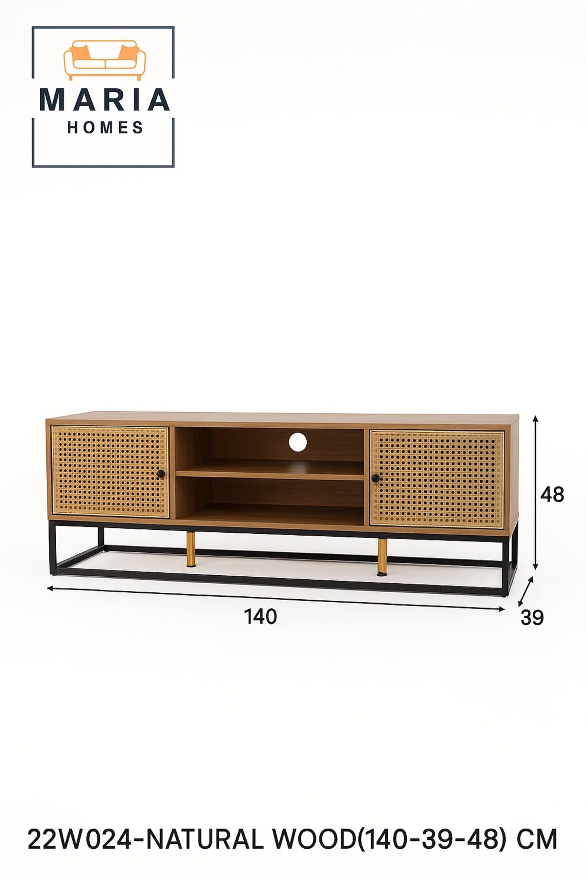 Natural Wood TV Console with Rattan Doors and Black Metal Base Ð 140x39x48 cm