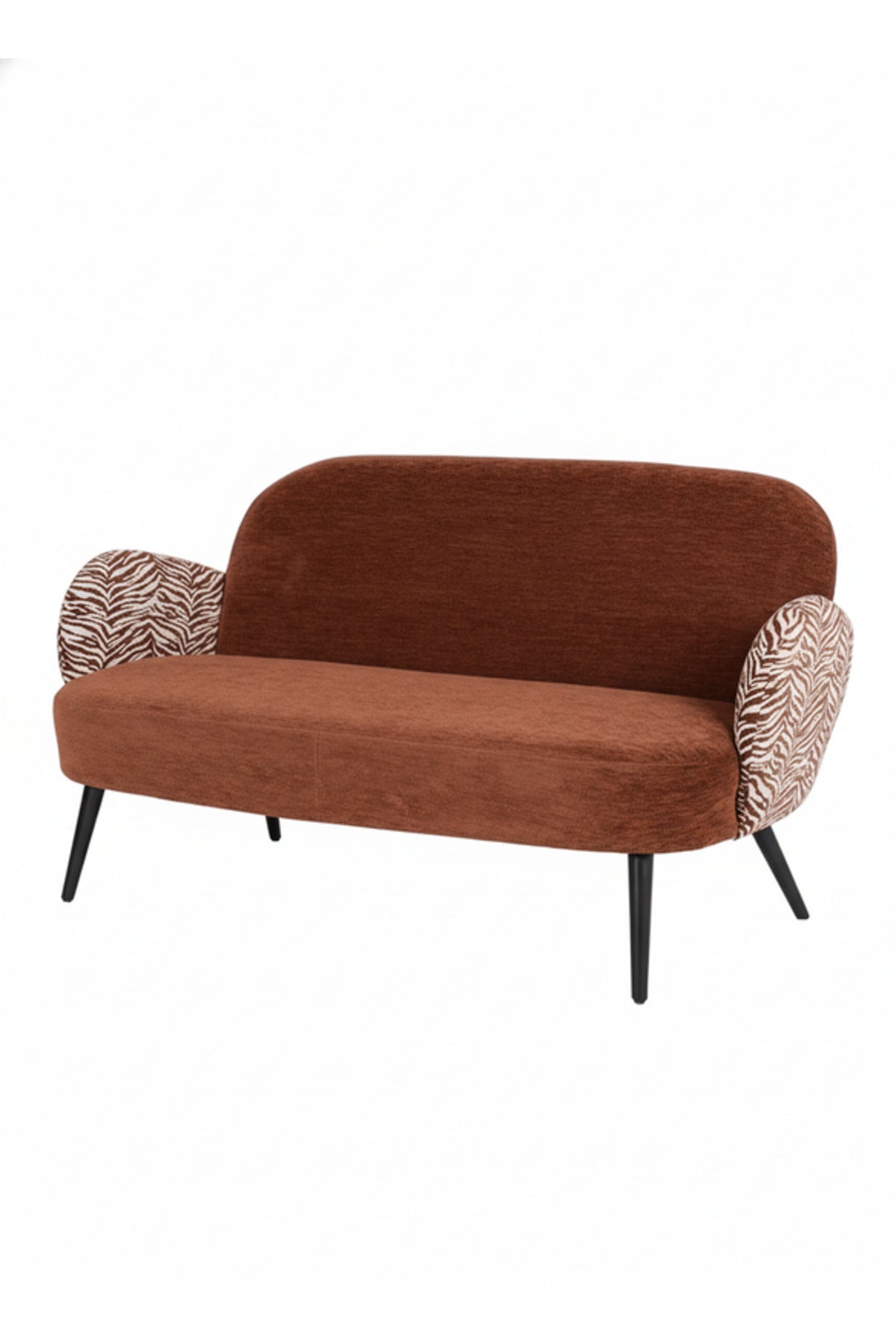 Modern Brown Two Seat Sofa with Patterned Armrests Upholstered Living Room Couch modern