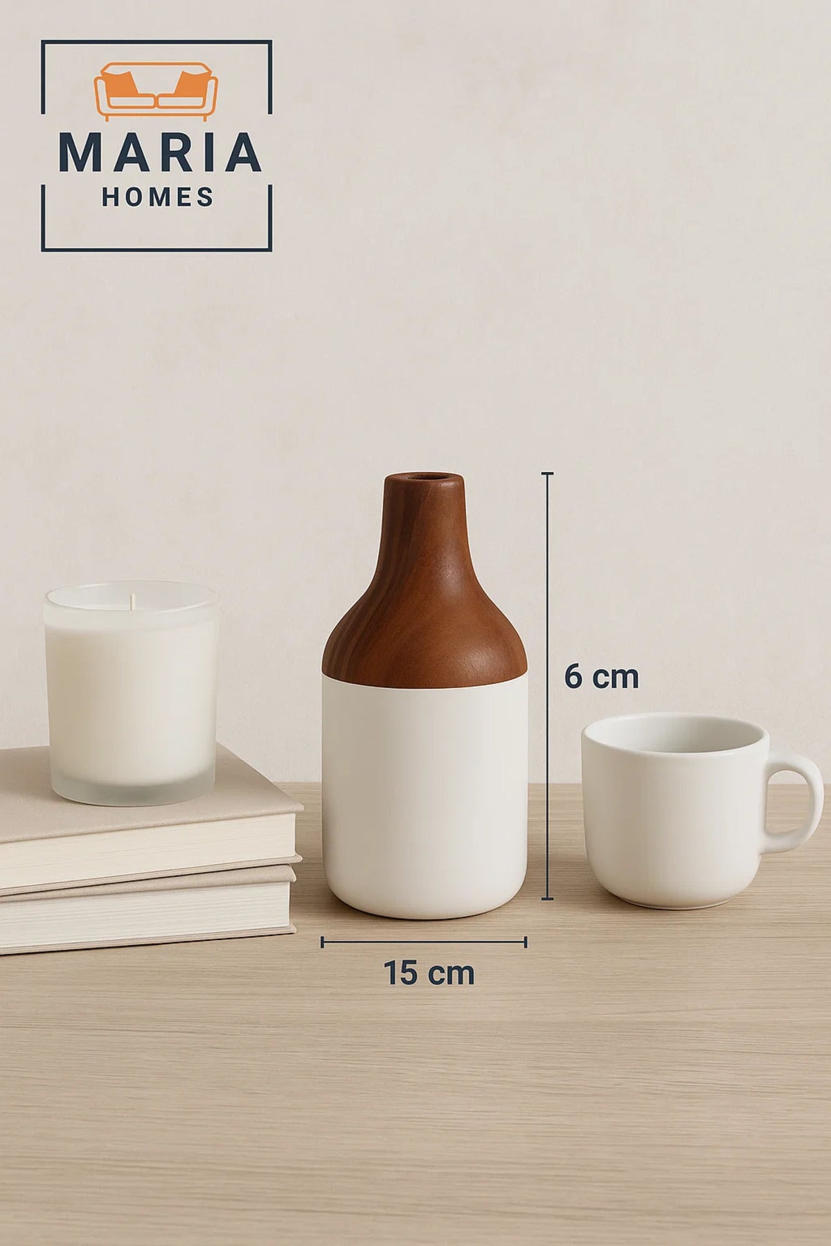 Two-Tone Ceramic Vase with Wood-Effect Neck and Glossy White Base Ð Bottle Shape
