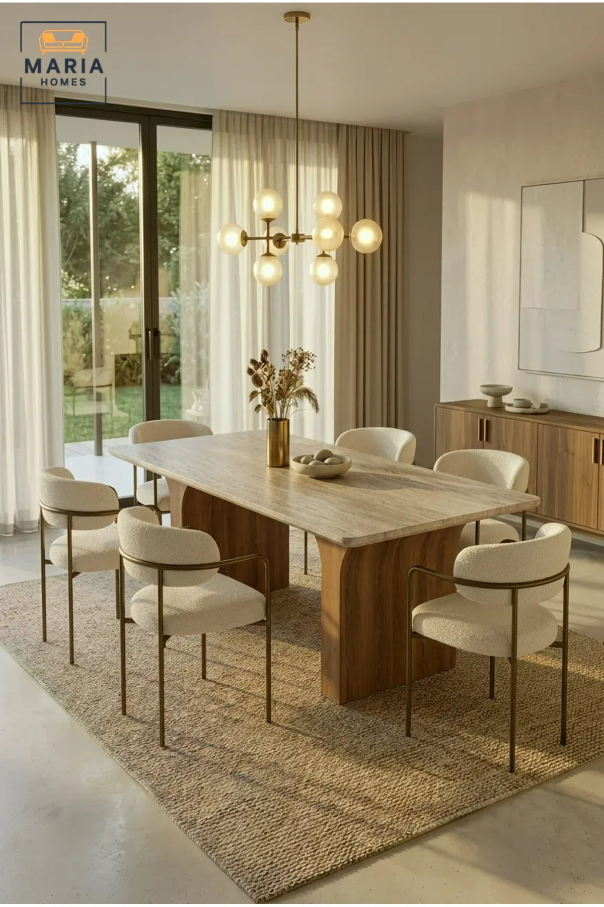 Large Rectangular Dining Table with Wooden Top and Curved Wooden Pedestal Legs, Modern Table for Dining Room, Kitchen, Café and Restaurant, Table Only Without Chairs