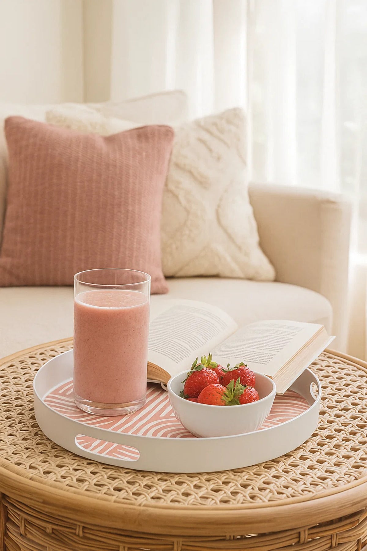 Round Plastic Serving Tray with Pink Abstract Line Pattern and Cutout Handles