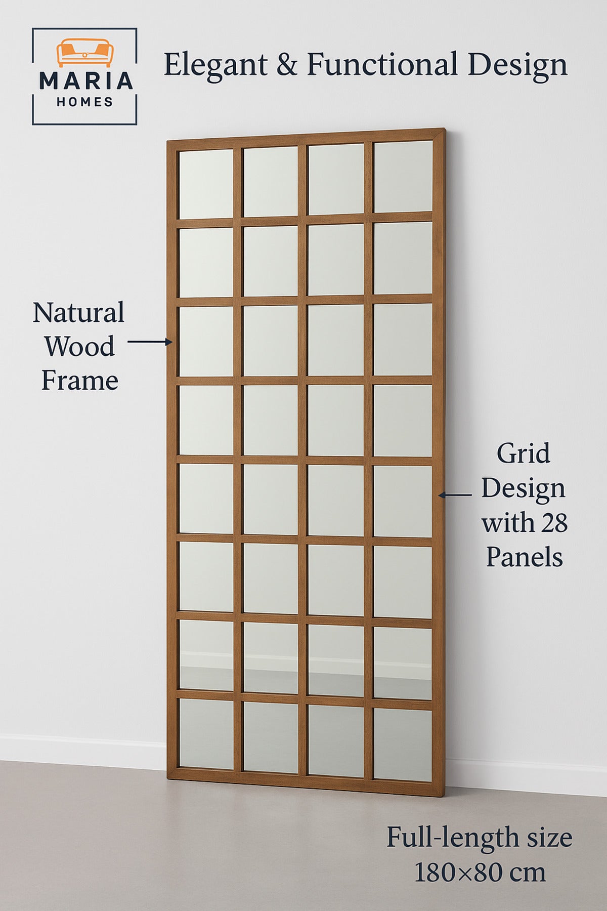 Natural Wooden Frame Wall Mirror with Grid Design Ð Decorative Full-Length Mirror (180_80 cm)