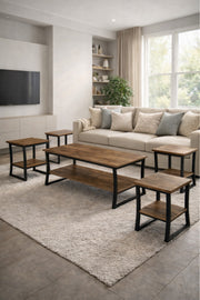 Brown 1+4 Coffee Table Set √ê Rustic Wood and Metal Design with 1 Large and 4 Side Tables
