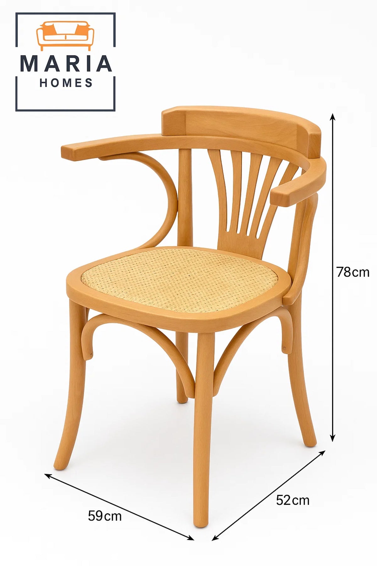 Natural Wooden Armchair with Cane Seat Ð Vintage-Style Curved Back Dining Chair for Home or CafŽ