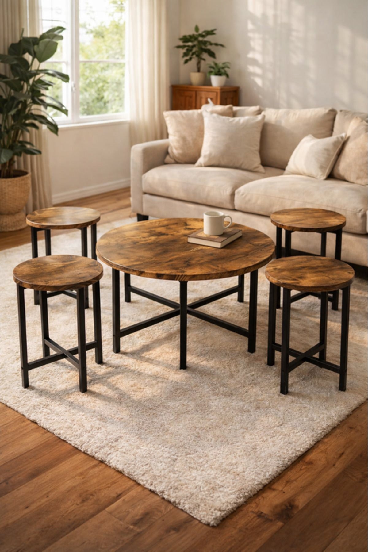 Industrial Round Coffee Table Set 1+4 Rustic Wood Finish Black Metal Legs Living Room Furniture Pack