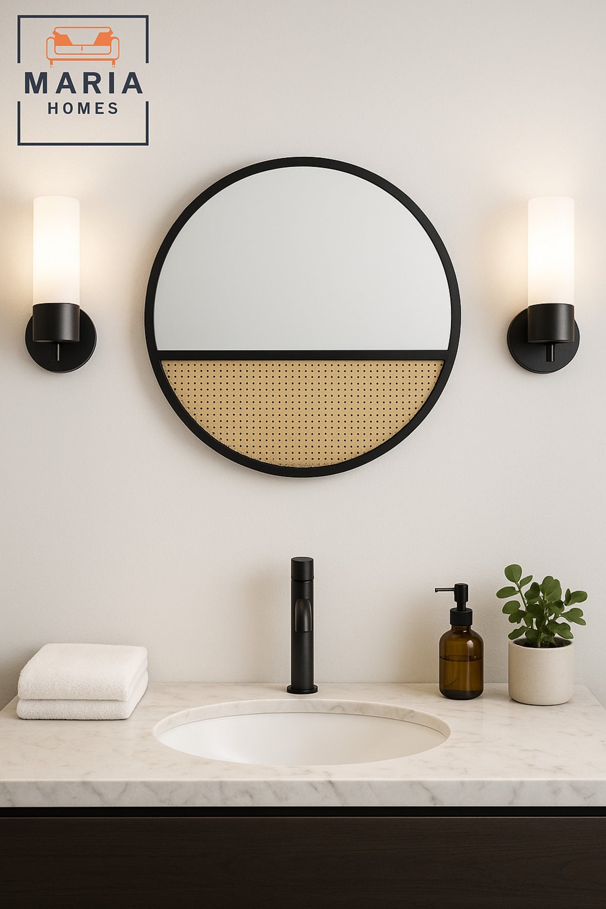 Round Wall Mirror 80cm Ð Black Wood Frame With Rattan Accent