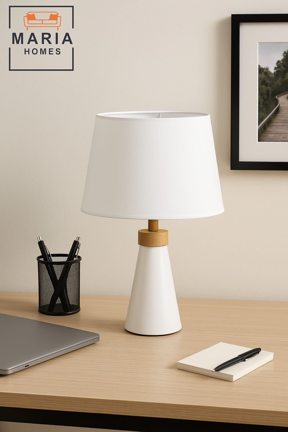 Modern White Table Lamp Minimalist Bedside Light for Bedroom, Living Room & Office