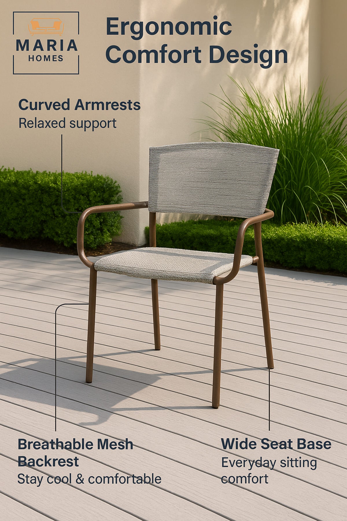 White Brown Metal Outdoor Chair with Armrests Ð Stylish Patio & Garden Dining Seat