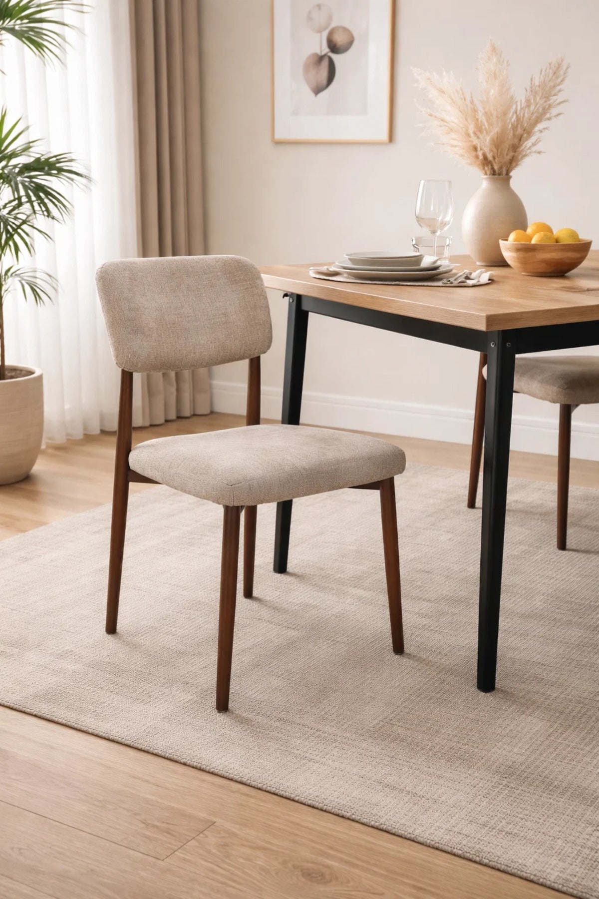 Stylish Beige Upholstered Dining Chair with Sturdy Metal Legs for Modern Kitchen Interiors