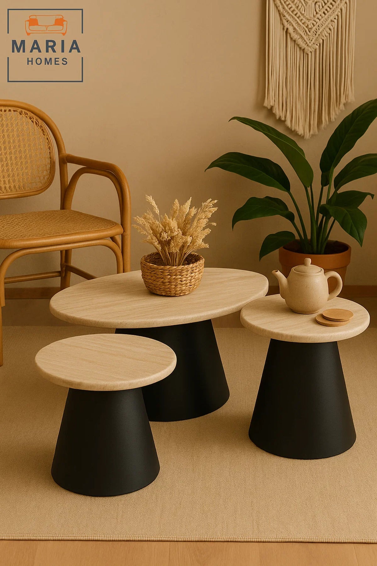 Modern Nesting Coffee Table Set 3-Piece Beige Marble Top with Black Cone Base for Living Rooms