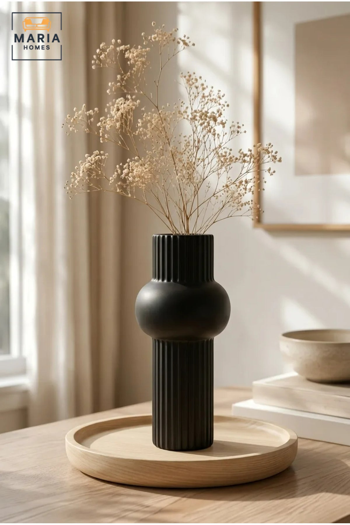 Modern Decorative Flower Vase with Ribbed Texture and Sculptural Design for Living Room, Bedroom, Office, Shelf, Console Table and Home Décor