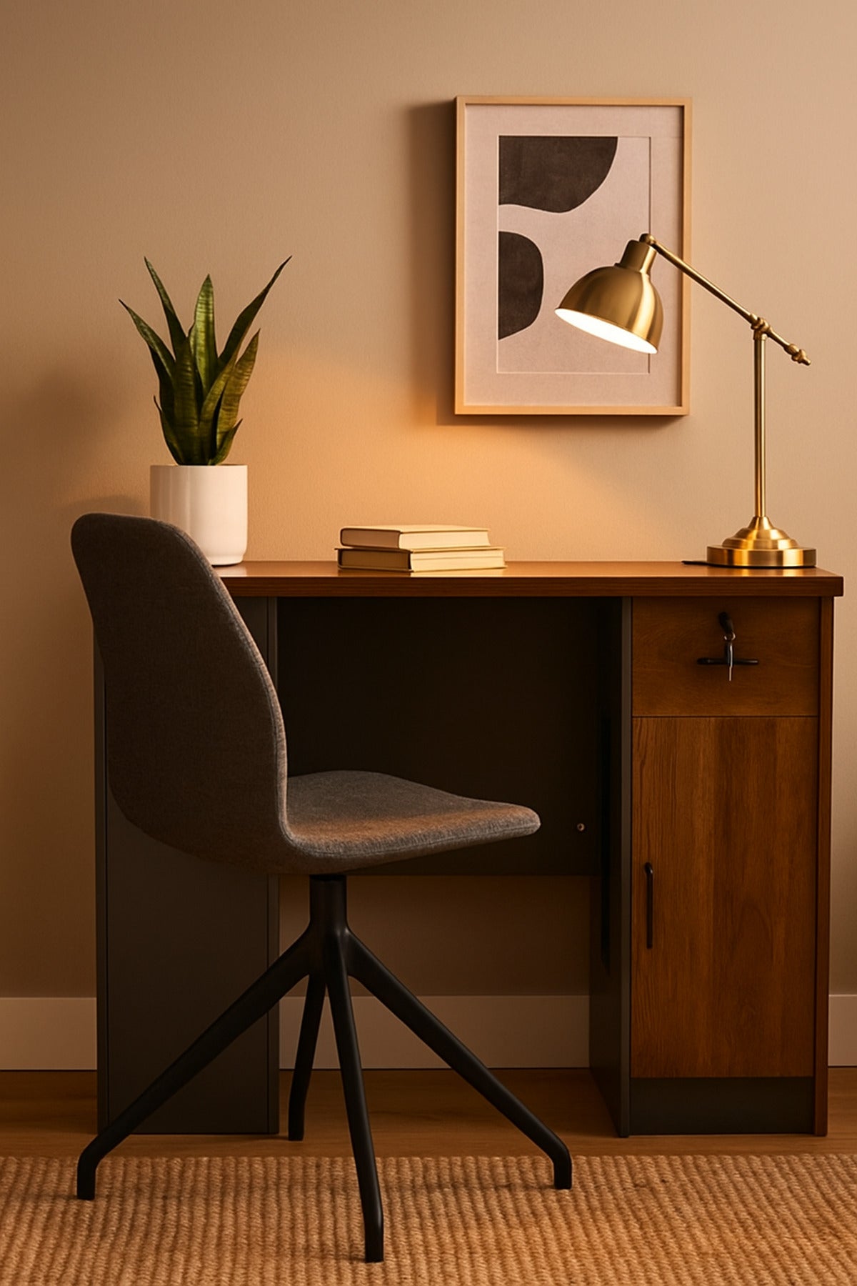 Dark Wood Office Desk 120_60_75 cm Ð Compact Work Table with Storage Cabinet and Lockable Drawer