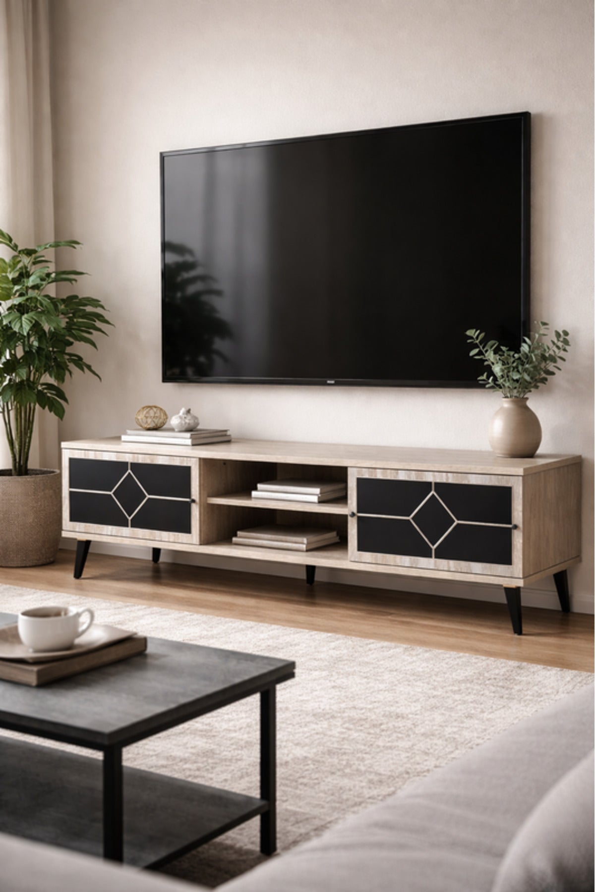 Modern Beige TV Stand with Storage Cabinets 180 _ 40 _ 45 cm