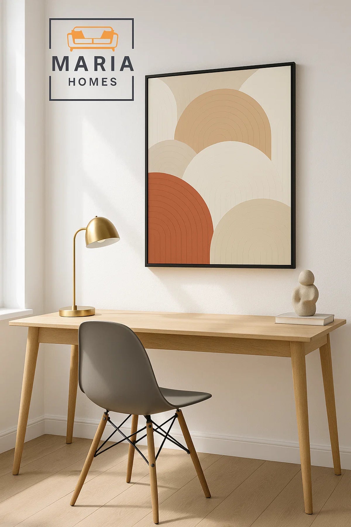 Framed Abstract Wall Art Ð Layered Arched Shapes in Earth Tones and Size 120*80 cm