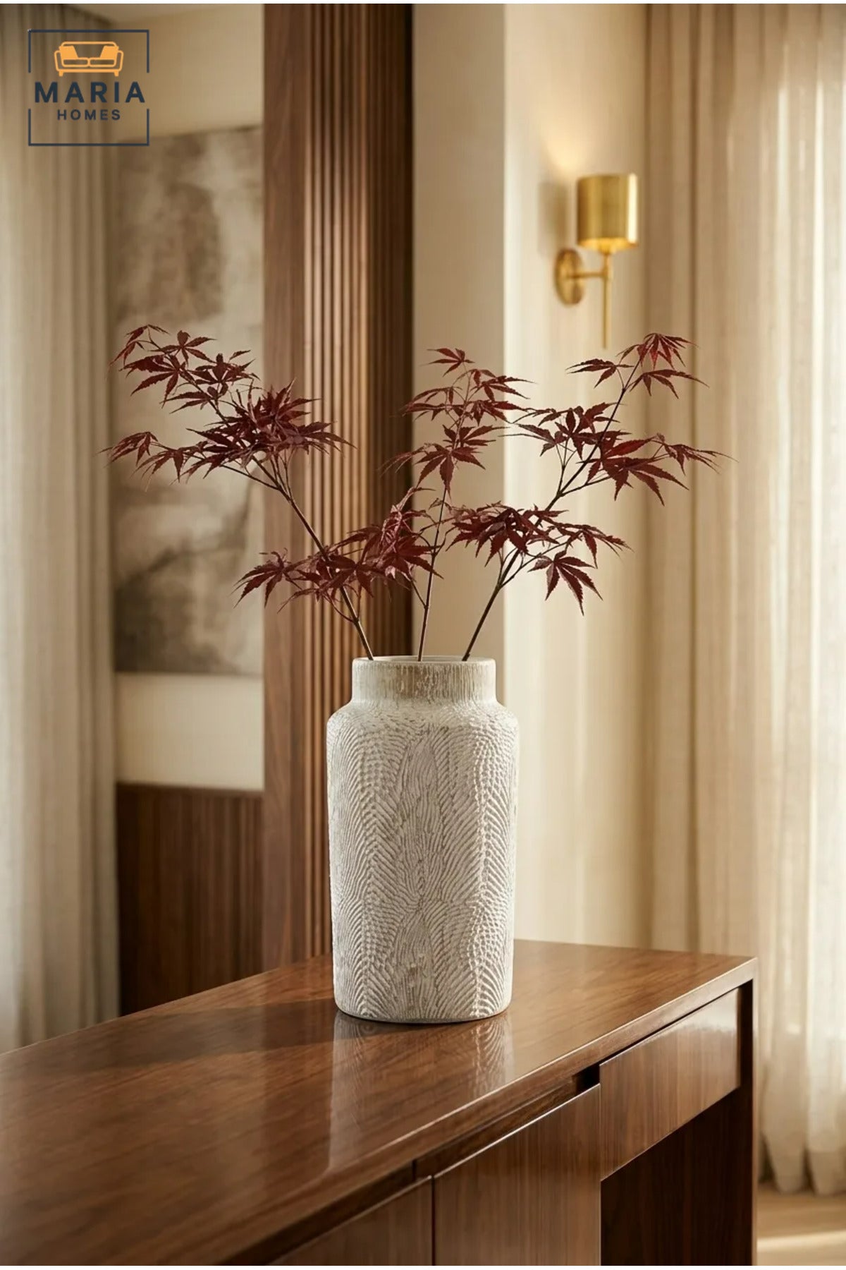 White Textured Decorative Vase, Modern Cylindrical Flower Holder with Embossed Leaf Design for Living Room, Bedroom, Office, Shelf and Table Décor