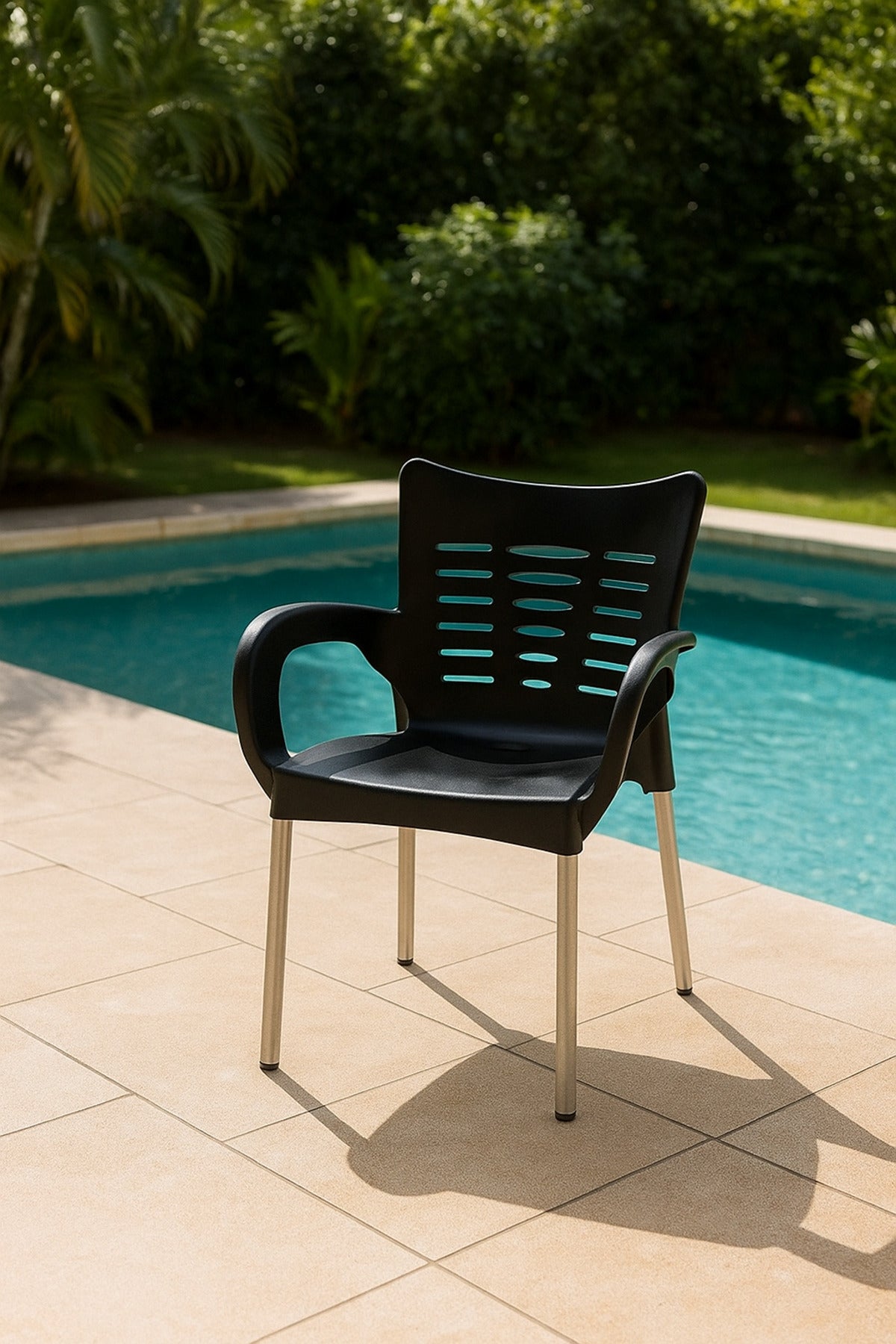 Modern Black Plastic Outdoor Armchair for Garden, Patio & Balcony Stylish and Comfortable Design