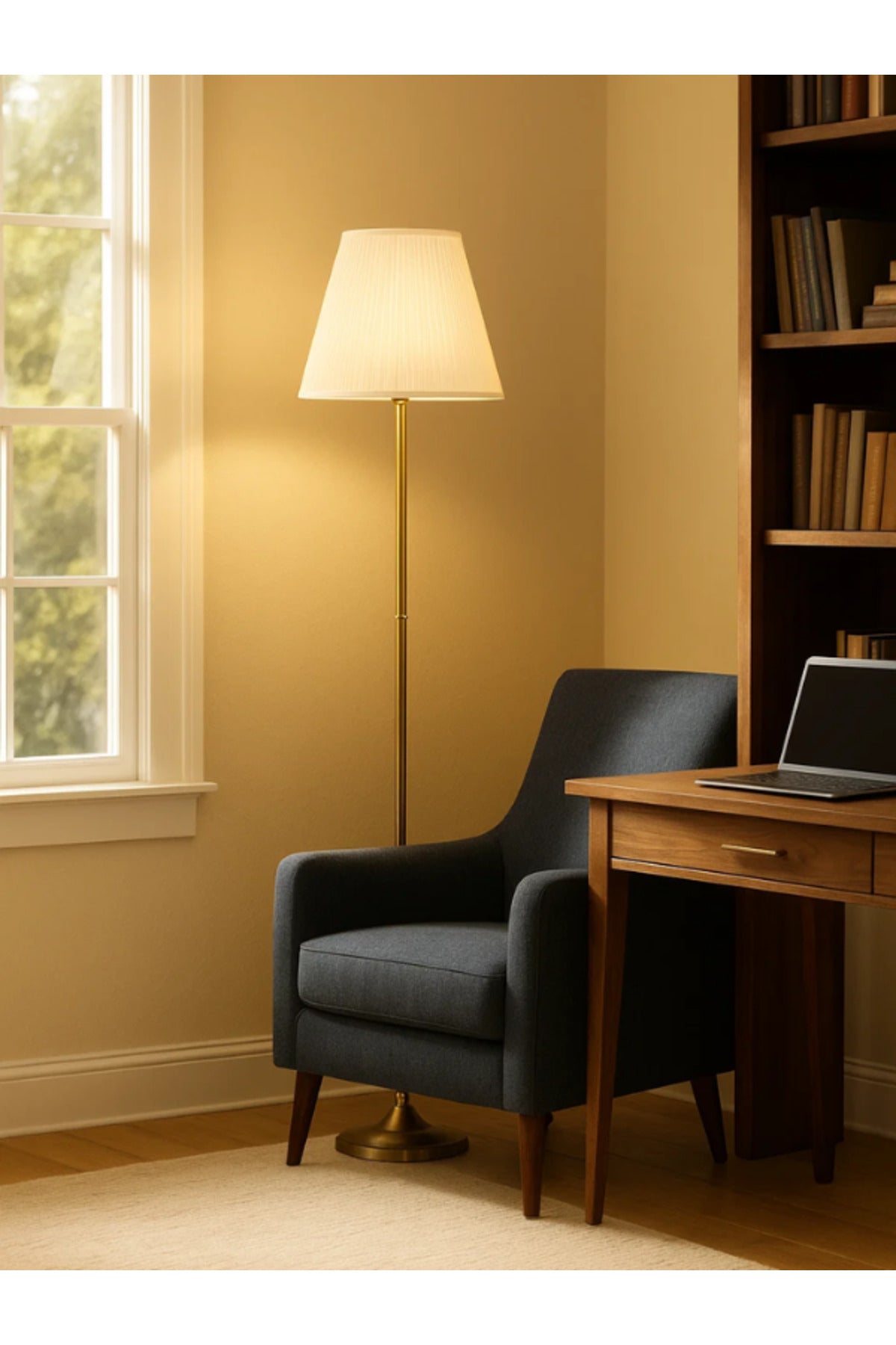 Modern Brass Floor Lamp Ð Fixed Metal Stand with White Fabric Shade for Living Room & Bedroom