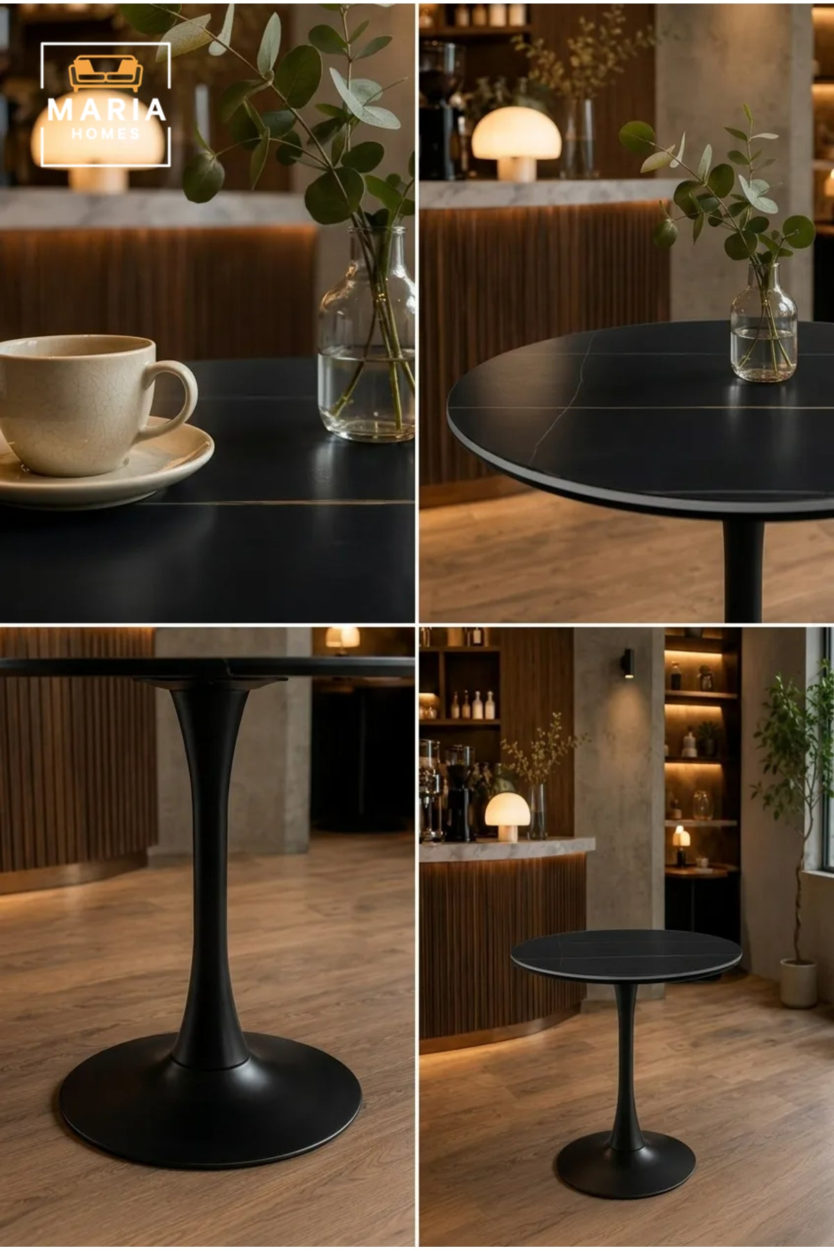 Modern Round Dining Table 70cm Black Marble-Effect Top with Black Pedestal Base √ê Contemporary Bistro & Caf≈Ω Table