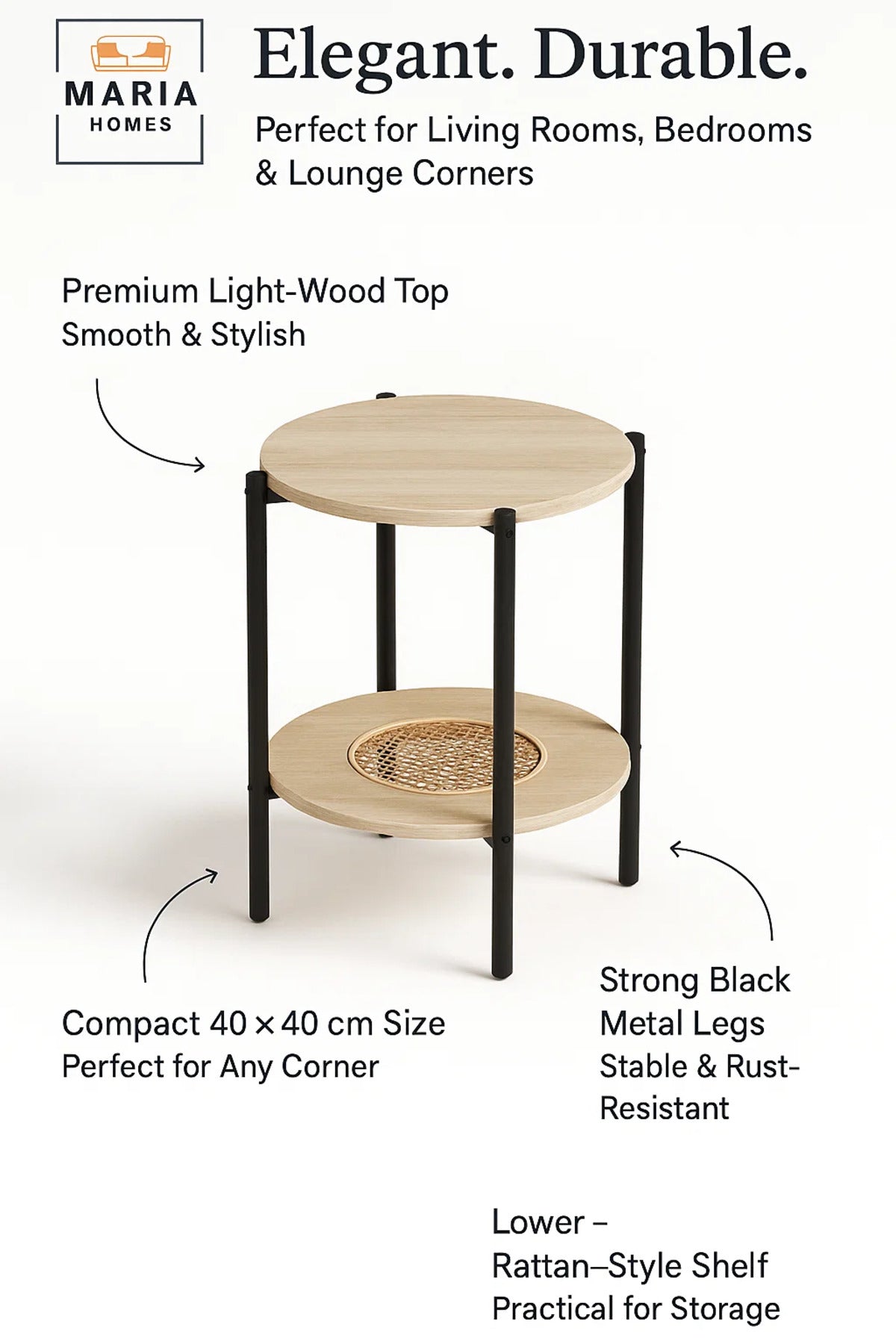 Modern Light Wood Side Table √ê Round Coffee Table with Rattan Storage Shelf 40_40_55 cm