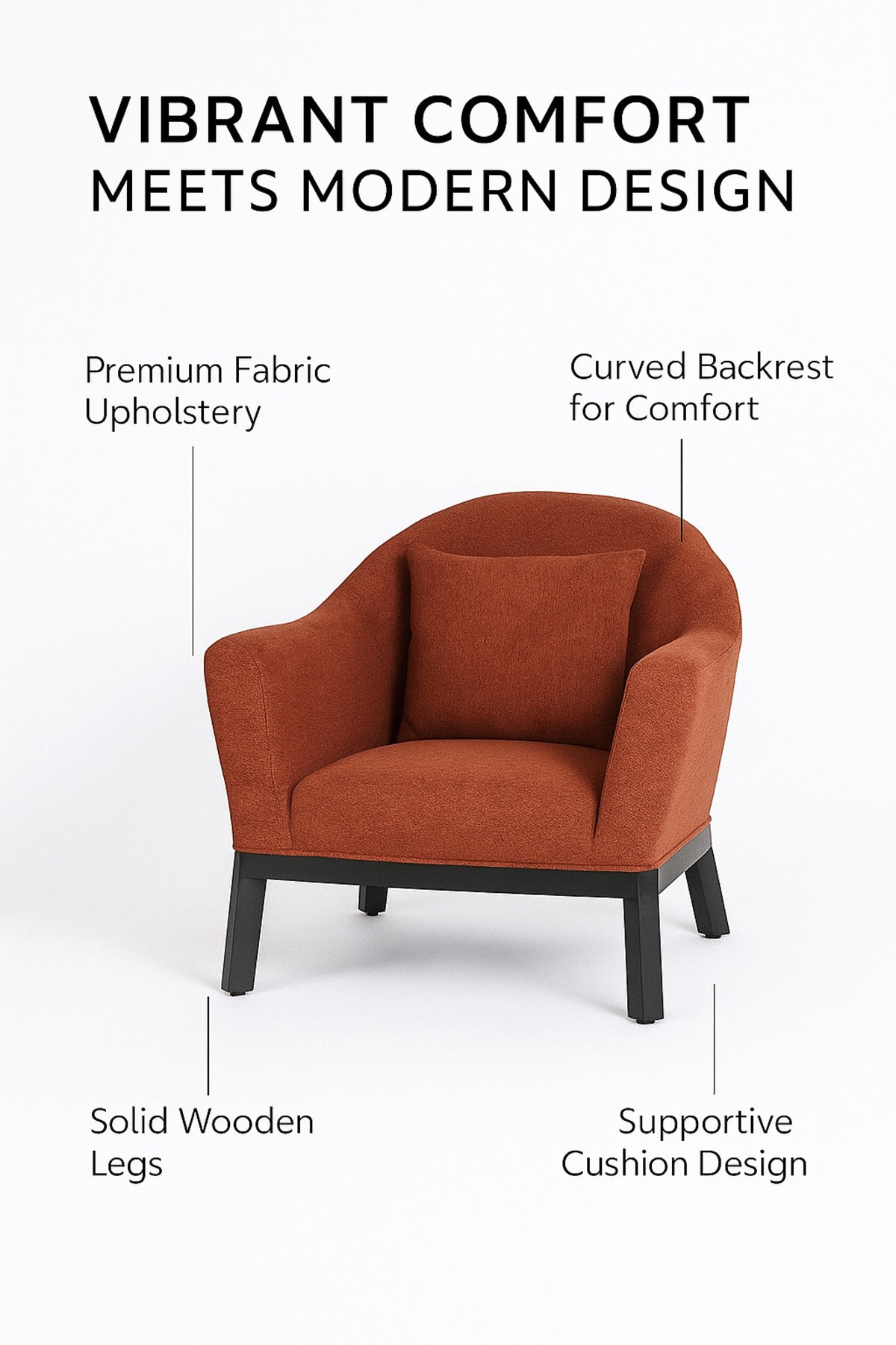 Orange Fabric Armchair Ð Modern Single Seater Lounge Chair with Cushion for Living Room & Bedroom