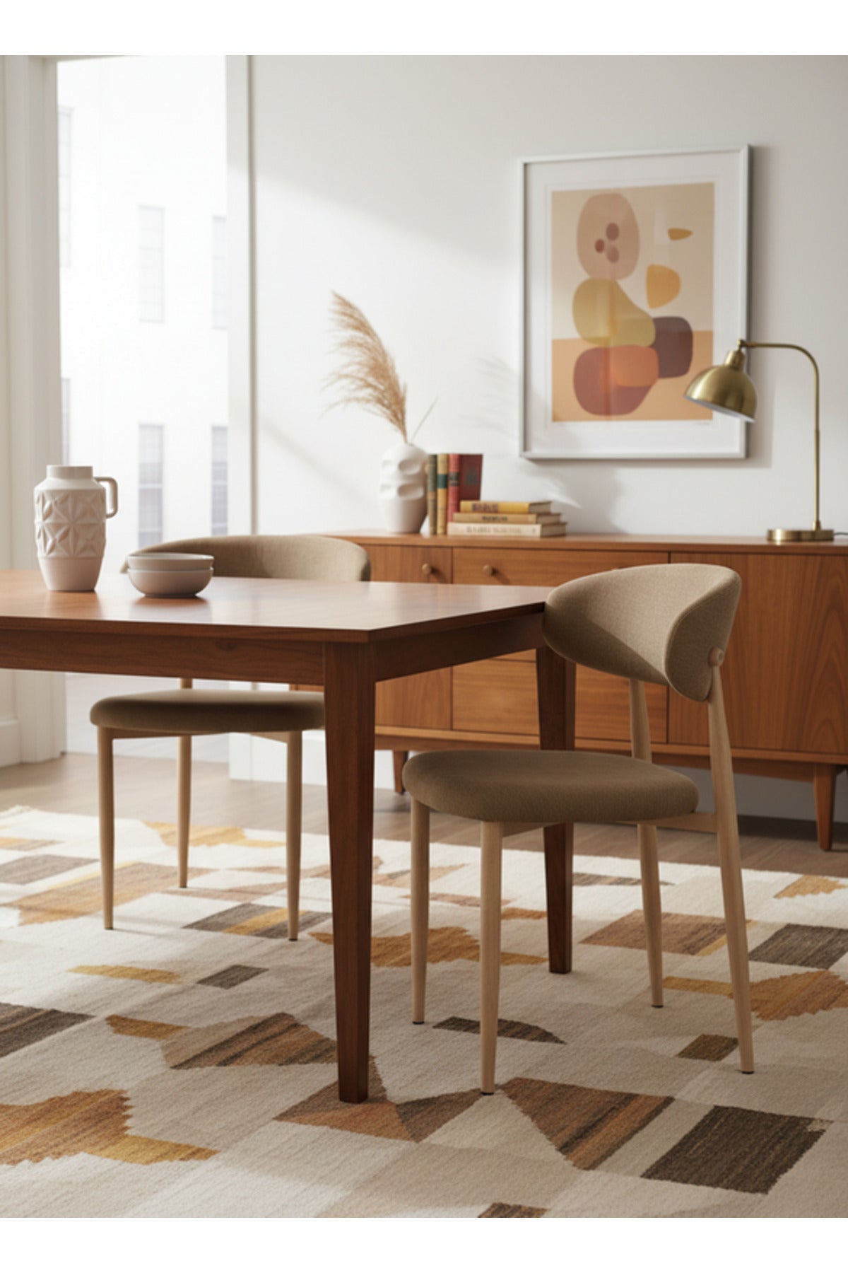 Modern Dark Beige Fabric Dining Chair with Curved Backrest & Solid Wood Legs