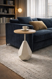 Modern Round Side Table Beige Geometric Base Wood Top 60cm Tall for Stylish Living Rooms