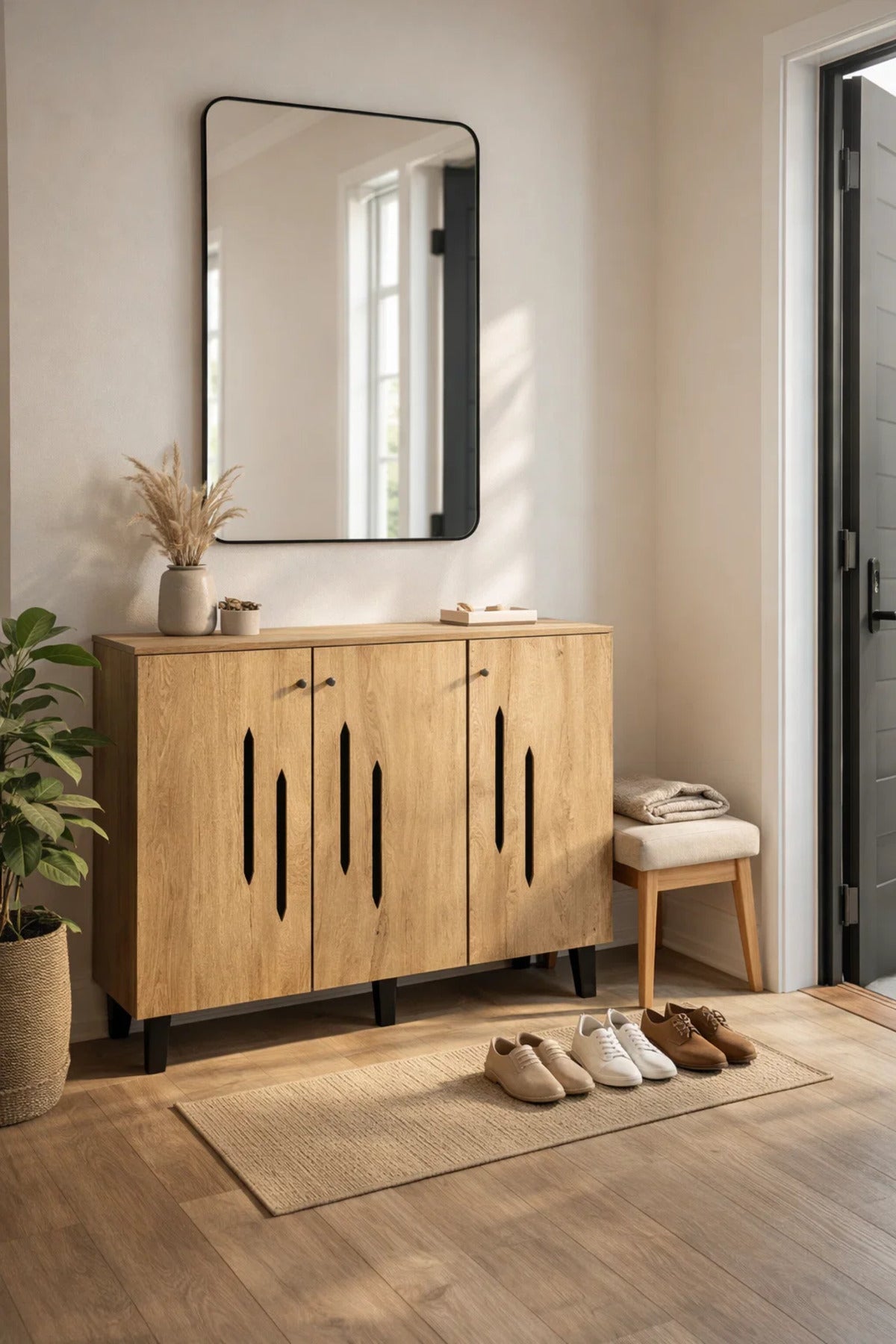 Modern Wooden Shoe Cabinet Light Brown with Vertical Cut Out Design 120 x 32 x 94 cm