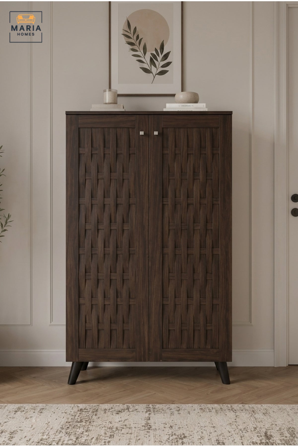 Dark Walnut Shoe Storage Cabinet with Woven Door Design √ê Modern Entryway Organizer