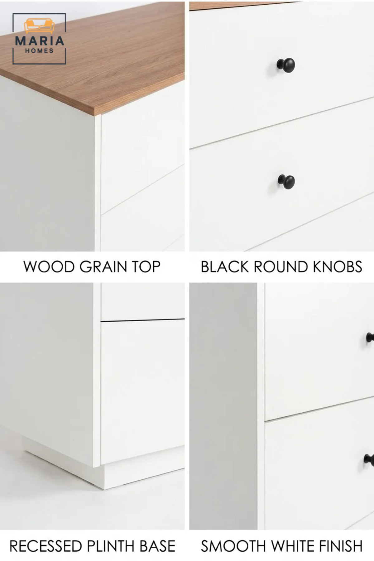 Modern 6 Drawer Dresser 160 x 48 x 78 cm | White Storage Cabinet with Brown Wooden Top | Bedroom Chest of Drawers | Contemporary Organizer for Bedroom, Living Room & Hallway