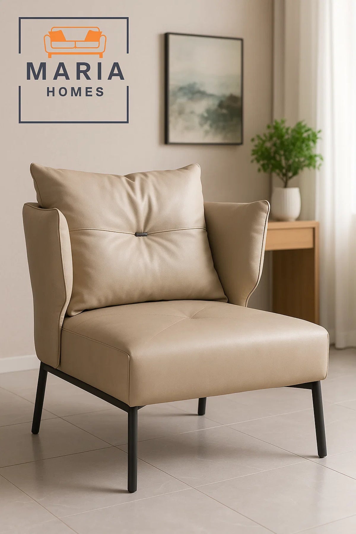 Beige Faux Leather Lounge Chair Ð Modern Accent Seating with Pillow Backrest and Metal Legs