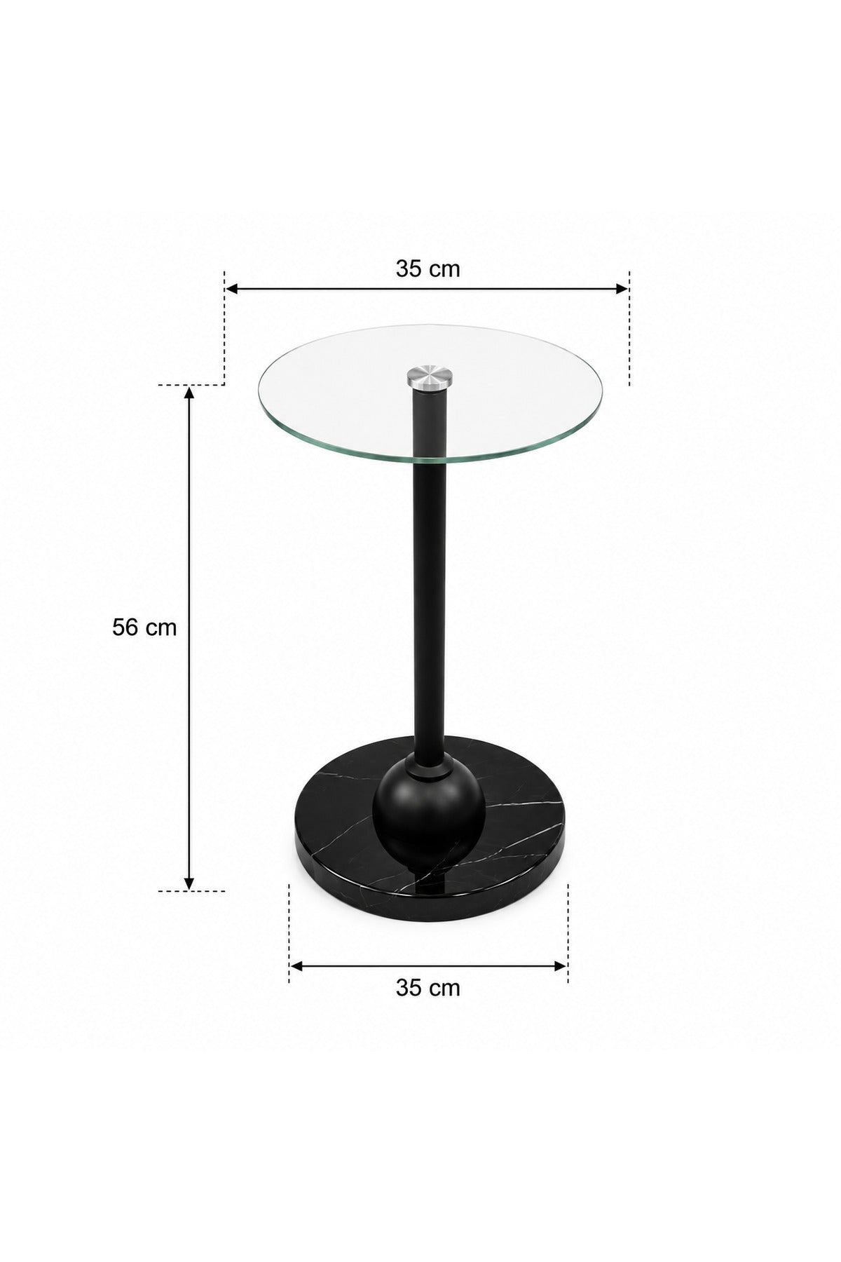 Modern Glass Top Side Table with Black Marble-Effect Base and Metal Support