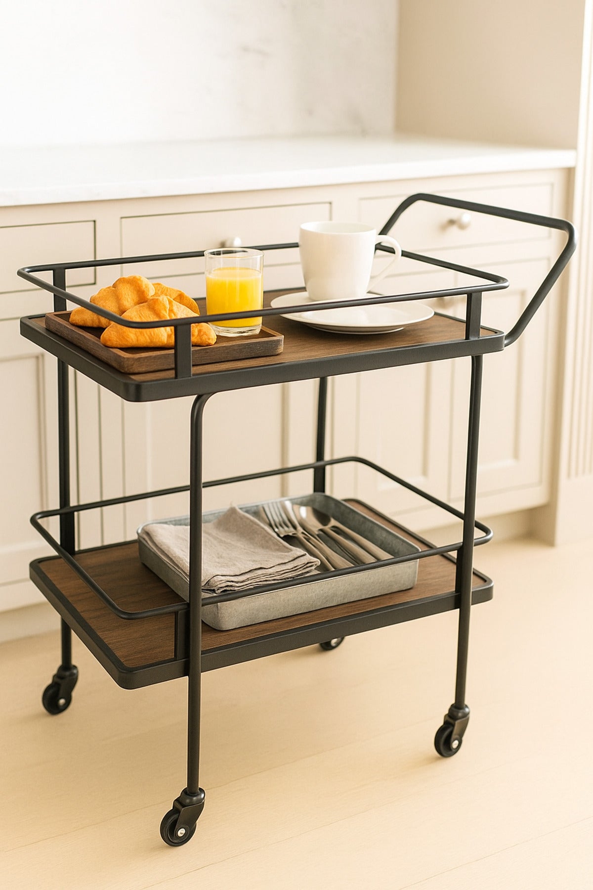 Modern Brown Metal Serving Trolley Ð 2-Tier Bar Cart with Wheels 83_40_80 cm