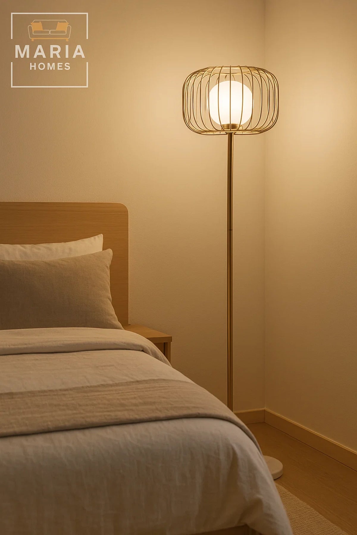 Gold Floor Lamp with Cage Shade and Marble Base