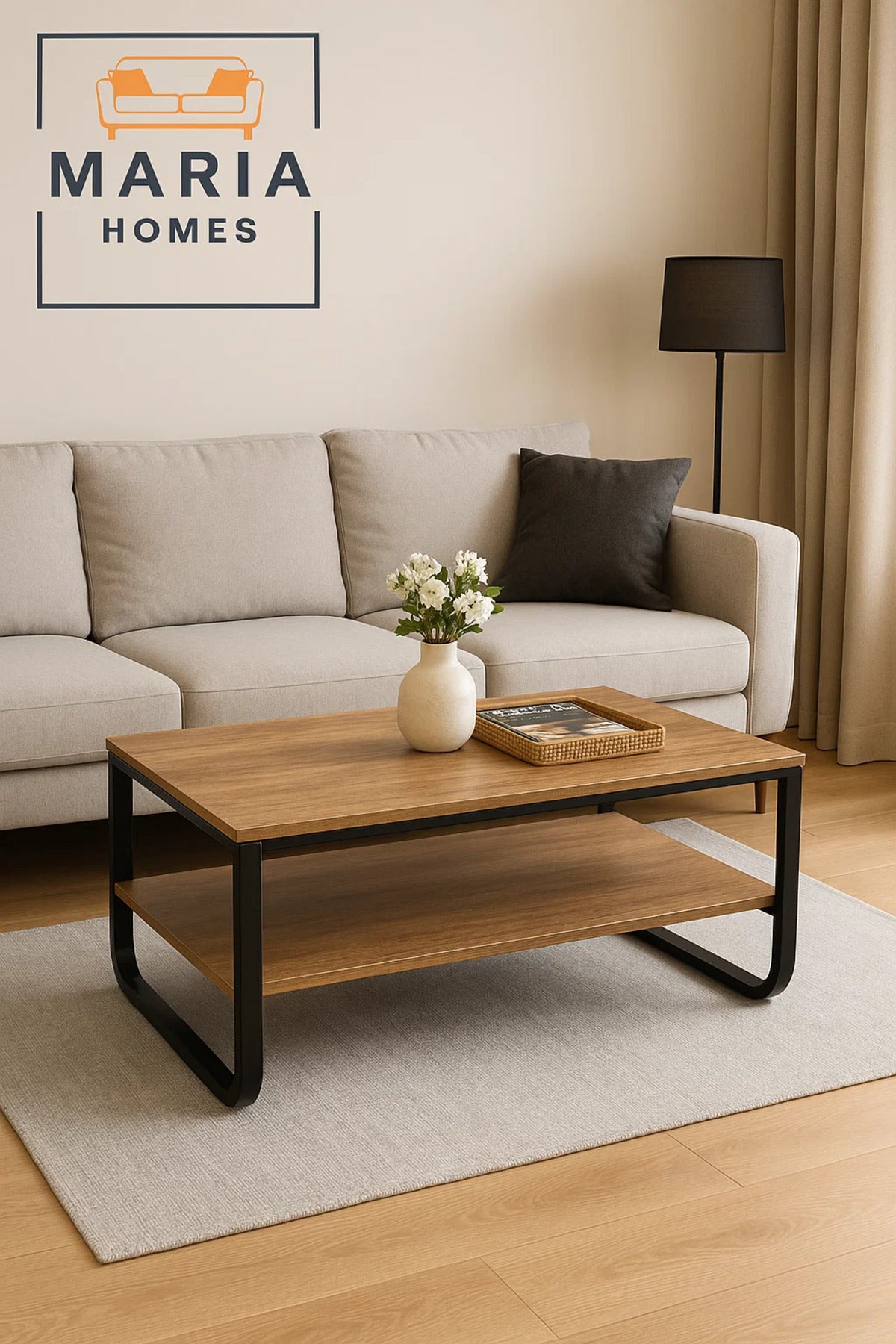 Modern Wooden Center Table 106x60x45cm Ð Coffee Table Shelf & Black Metal Frame