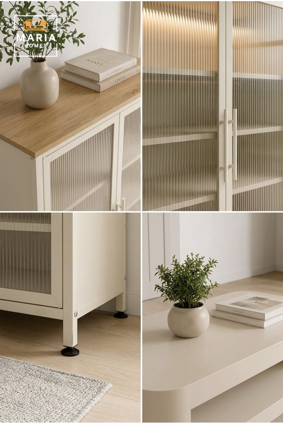 Modern Metal Display Cabinet with Ribbed Glass Doors √ê Freestanding Storage & Showcase Cabinet