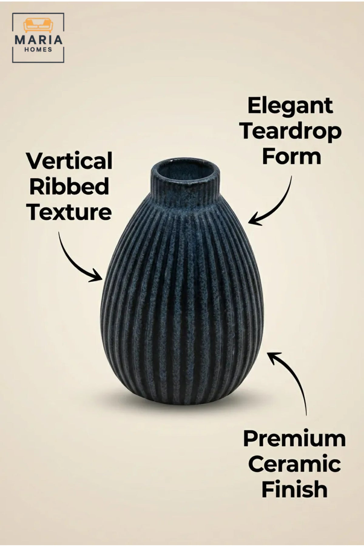 Blue Ribbed Decorative Vase, Modern Teardrop Flower Holder with Narrow Opening for Dried Flowers, Living Room, Bedroom, Office, Shelf and Table Décor