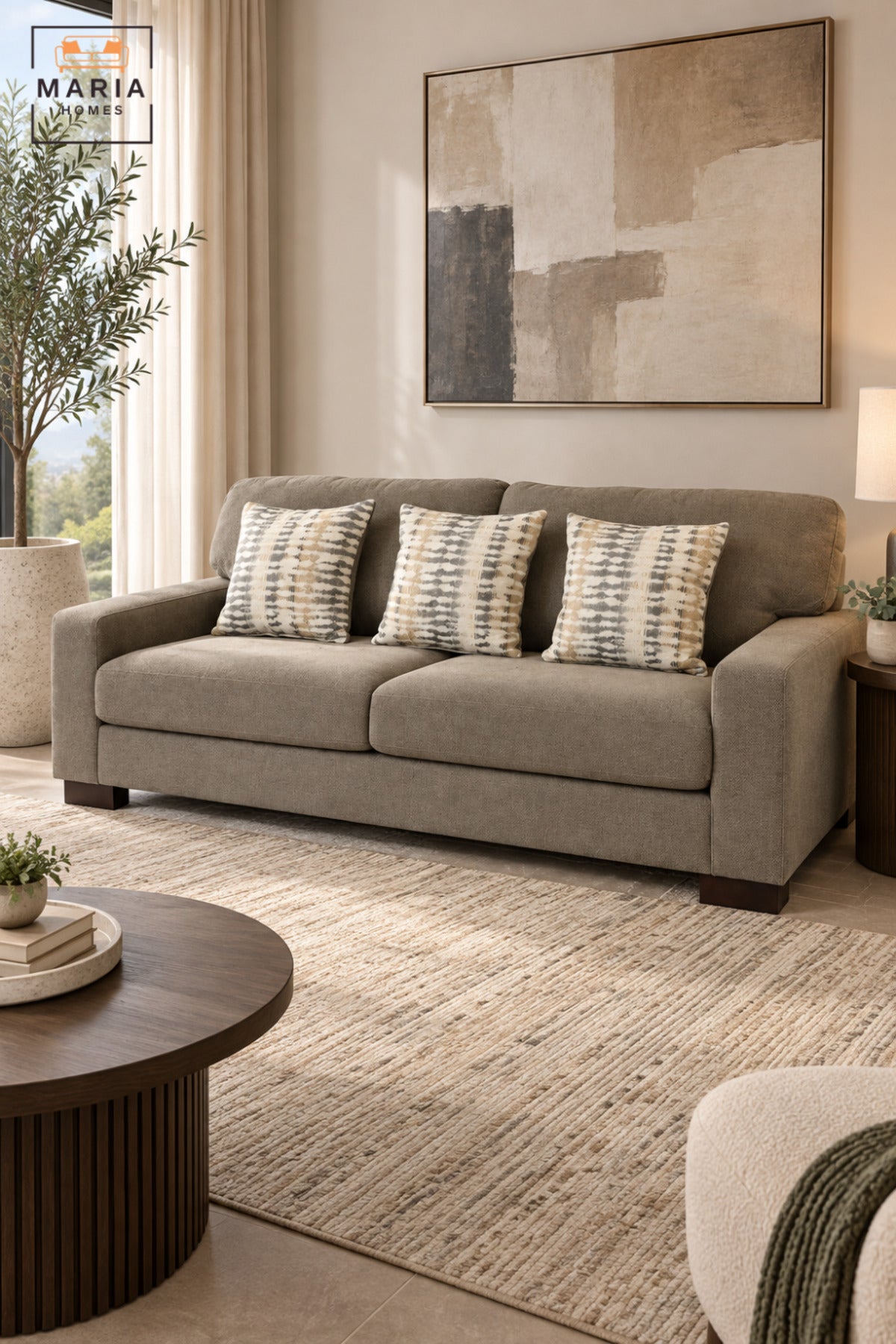 Modern 3 Seater Upholstered Sofa with Deep Cushioned Seats, Supportive Backrest, Wide Armrests & Decorative Pillows for Living Room and Lounge