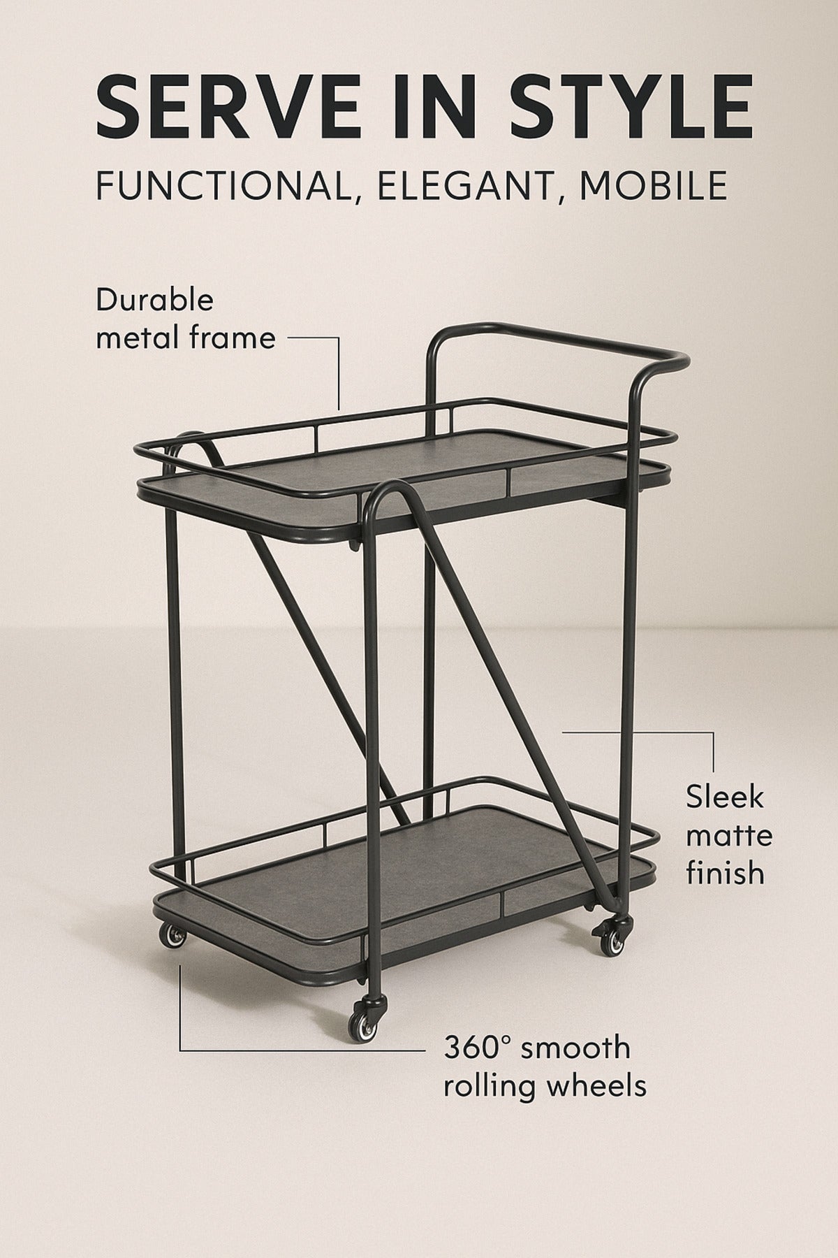 Modern Black Serving Trolley with 2Tier Shelves and Wheels Cart for Kitchen, Dining, or Living Room