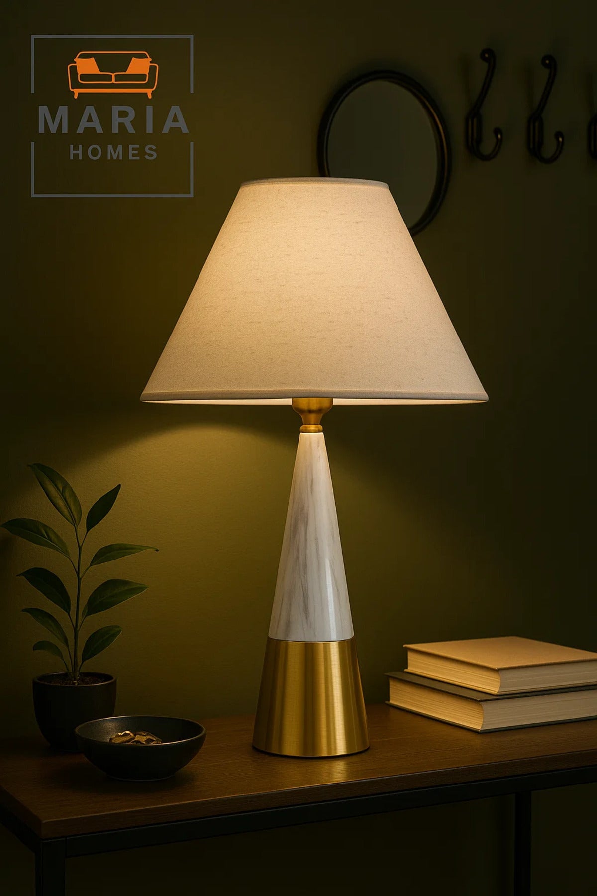 Cone-Shaped Marble and Gold Table Lamp