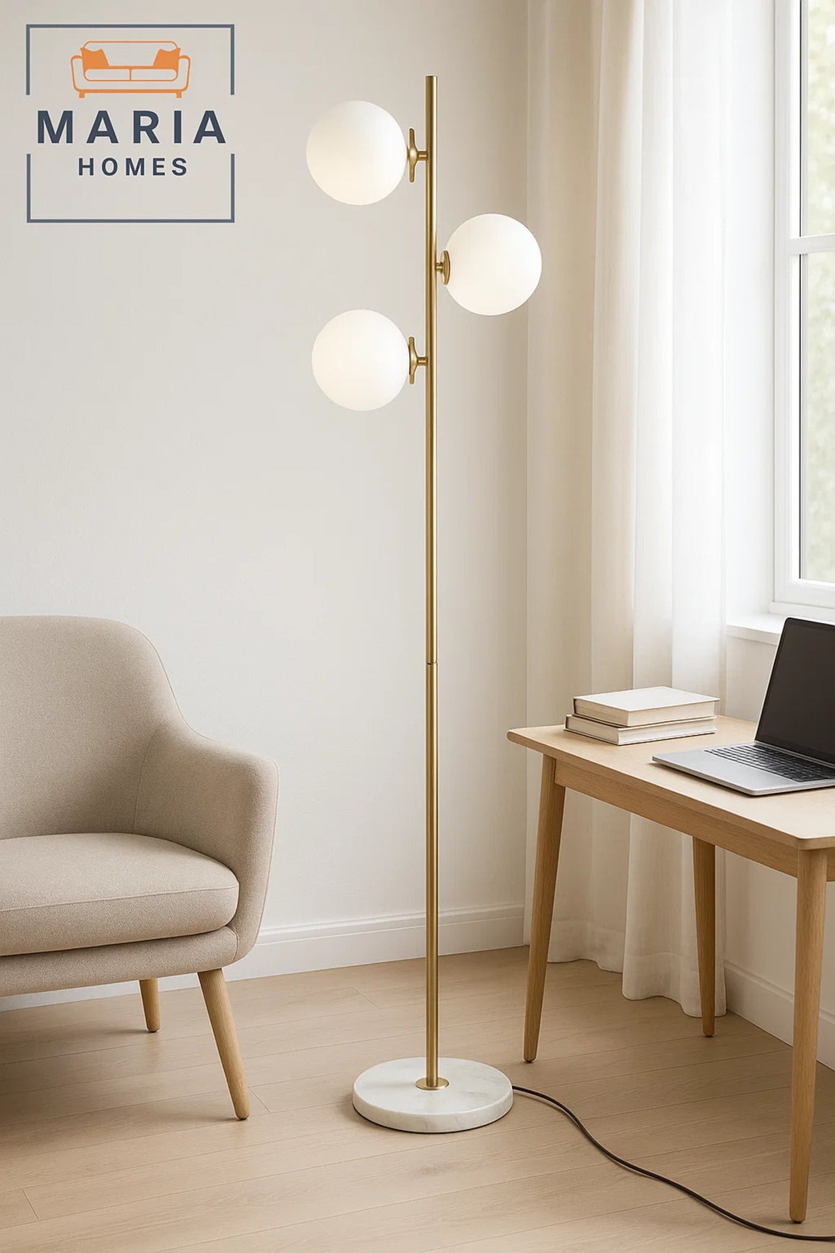 Gold Floor Lamp with Three Globe Lights and Marble Base