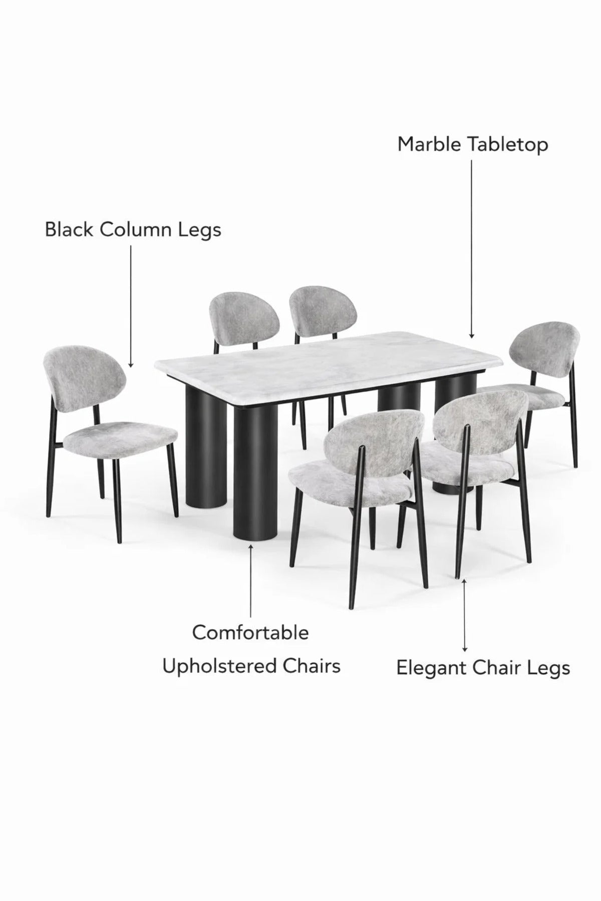 Modern Marble Top Dining Table Set with 6 Upholstered Chairs 180x100x75cm modern marble